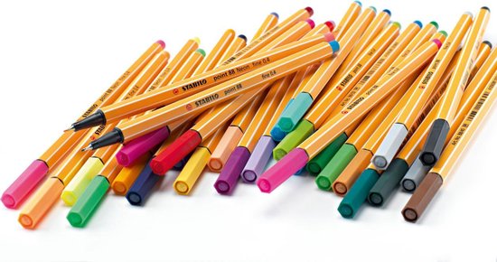 Een grote hoeveelheid STABILO point 88 fineliners in verschillende kleuren.