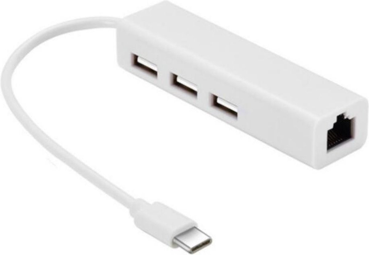 4-in-1 USB Hub Adapter - Type-C Kabel naar LAN Gigabit Ethernet RJ45 Converter - 1000Mbps (1Gbps) - 3 keer USB 3.0