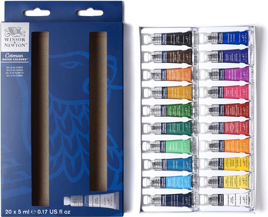 Winsor & Newton 0390665 Cotman Aquarelverf Set – Beginners Set 20 x 5 ml – Essentiële Waterverfkleuren met Hoge Kwaliteit Pigmenten