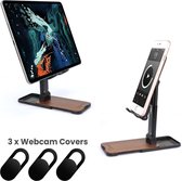 Stanz Telefoon & Tablet Houder - Walnoot Hout - 3x GRATIS webcam covers - STABIEL - STIJLVOL - UNIVERSEEL - VERSTELBAAR - Telefoonhouder - Telefoonstandaard - Tablethouder - Bureau