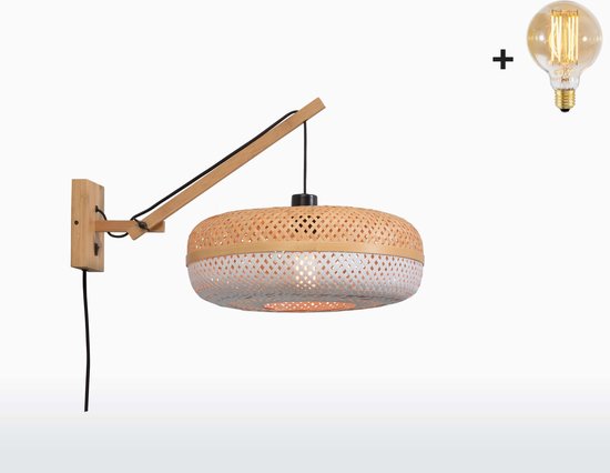 Wandlamp met Korte Arm - PALAWAN - Naturel Bamboe - Naturel/Witte Kap (40x15cm) - Met LED-lamp