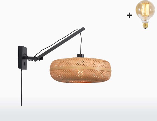 Wandlamp met Korte Arm - PALAWAN - Zwart Bamboe - Naturel Kap - Small (40x15cm) - Met LED-lamp