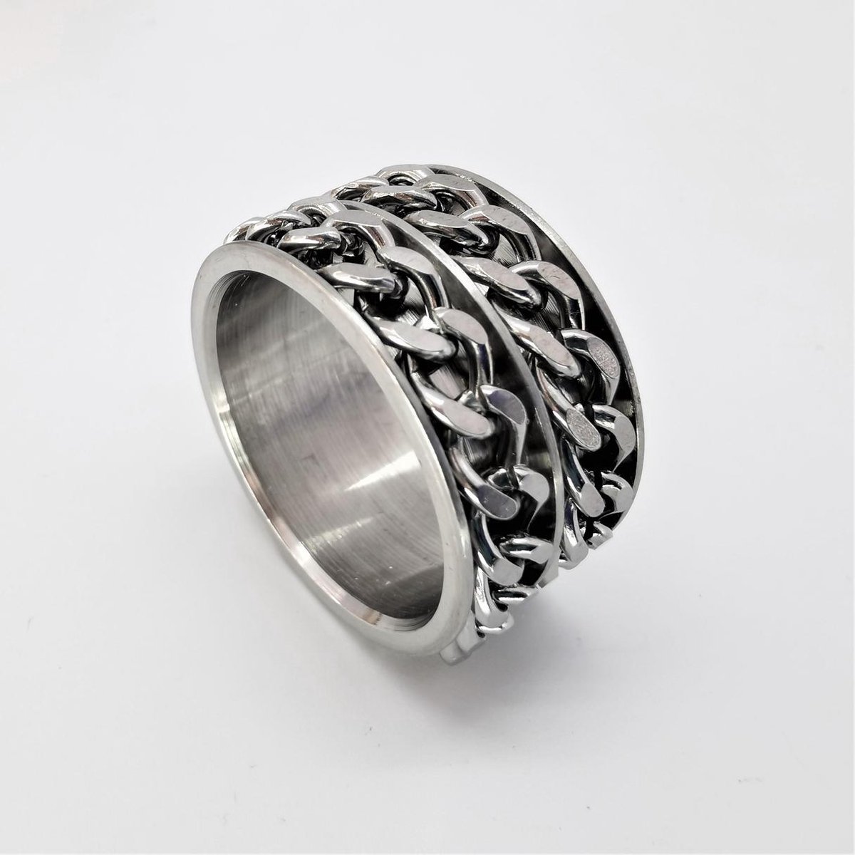 Ring edelstaal brede dubbel schakel ketting in midden, maat 19, Ring zowel geschikt voor dame of heer of als duimring. - Lili 41