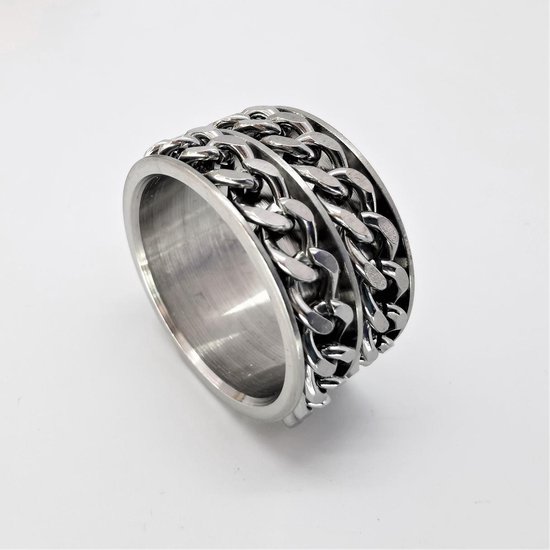 Ring edelstaal brede dubbel schakel ketting in midden, maat 19, Ring zowel geschikt voor dame of heer of als duimring.