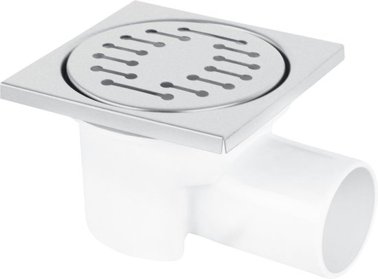 Égout de douche carré avec grille en acier inoxydable mat et sortie latérale en PVC blanc.