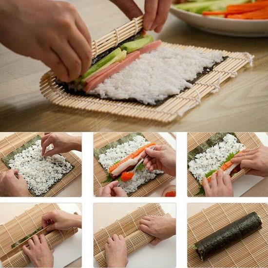 Kit Confection Sushi Bambou 9 Pièces - Tapis Rouleau, Baguettes, étaleur à Riz, Cuillère (pour Débutants) - 9