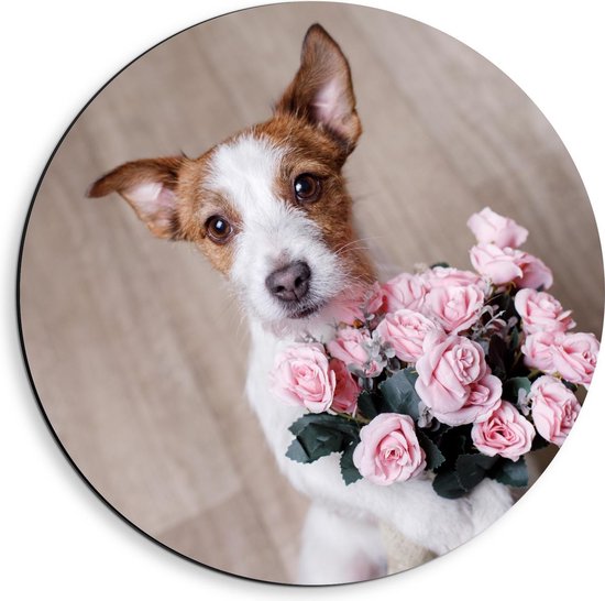 Dibond Wandcirkel - Romantische Hond met Bos Bloemen - 40x40cm Foto op Aluminium Wandcirkel (met ophangsysteem)