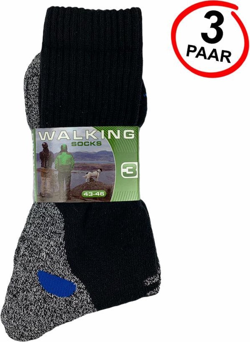 Walking Socks wandelsokken - 3 paar voordeelpack - zwart grijs blauw - maat 43/46