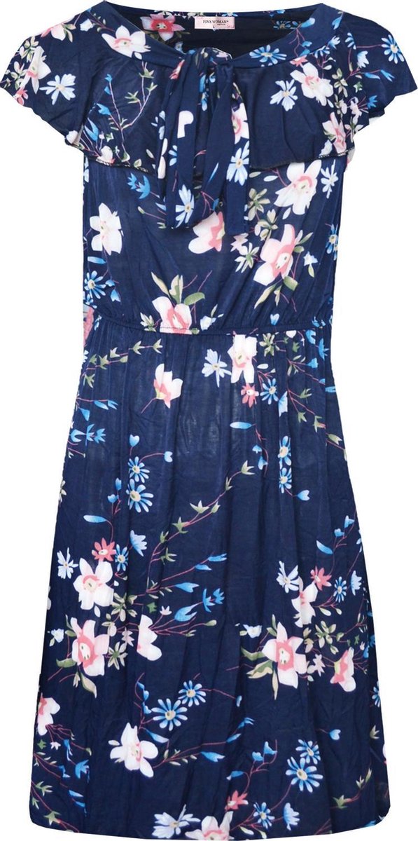 Dames jurk gebloemd polyester blauw one size 38 t/m 42