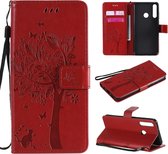 Voor Huawei Y6p Tree & Cat reliÃ«fpatroon horizontale flip lederen tas met houder & kaartsleuven & portemonnee & lanyard (rood)