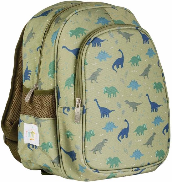 Sac à dos vert pâle à imprimé dinosaures, avec poche avant et poches latérales en mesh.