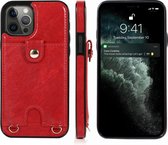 Schokbestendig PU-leer + TPU-beschermhoes met kaartsleuf en lanyard voor iPhone 12/12 Pro (rood)