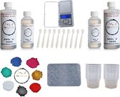 PNCreations Dubbelpack 600 Gram PNC Ultra Clear Epoxy Hars | Precisie Weegschaal | Siliconen Filigraan Mal! | 7x Mica Kleurpoeder | 20 Mengstaafjes | 20 Mengpotjes