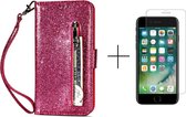 Glitter Bookcase voor Apple iPhone 8 | iPhone 7 | iPhone SE 2020 | PU Leren Telefoonhoesje | Portemonnee | Roze + 1x screenprotector