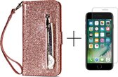 Glitter Bookcase voor Apple iPhone 8 | iPhone 7 | iPhone SE 2020 | PU Leren Telefoonhoesje | Portemonnee | Roze Goud + 1x screenprotector