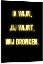 Dibond - Tekst: ''Ik Wijn, Jij Wijnt, WIj dronken'' Neon Letters Goud/Zwart - 80x120cm Foto op Aluminium (Wanddecoratie van metaal)