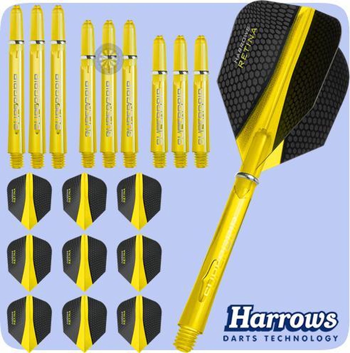 Harrows Retina Dart Flights and Shafts Combo Kit - 3 Sets Shafts - 3 Sets Flights - Yellow