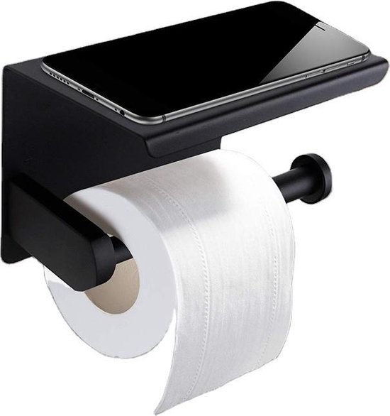 Muller® Nero toiletrolhouder met plankje - Toiletrolhouder zwart  - Toiletrolhouder RVS - Met Telefoonhouder - Zwart - Muller