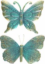 Set van 2x stuks tuindecoratie muur/wand vlinders van metaal turquoise/goud 22 en 31 cm