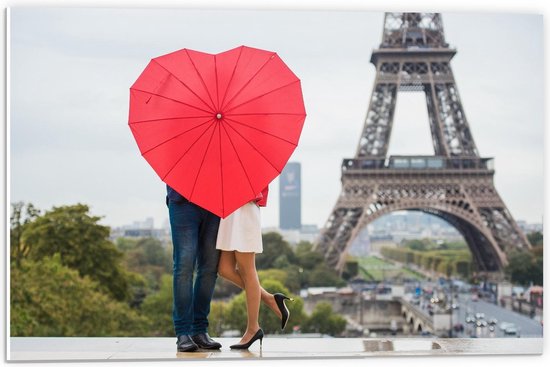 Forex - Liefdes Paraplu bij Eiffeltoren - 60x40cm Foto op Forex
