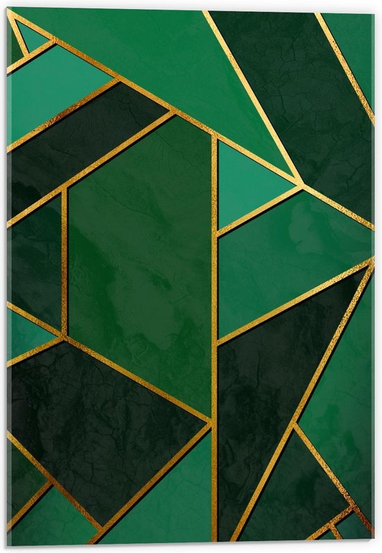 Acrylglas - Groene Vlakken met Gouden Randen - 40x60cm Foto op Acrylglas (Met Ophangsysteem)