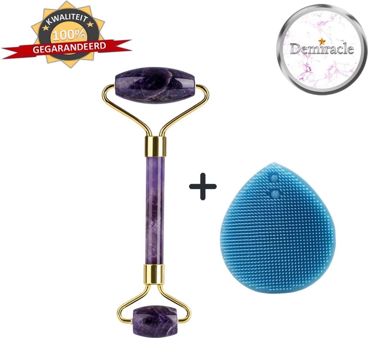 Demiracle Amethist Face Roller met Blauwe Siliconen Gezichtsborstel - Cadeau - Gezichtsroller - Massage Roller - Jade Roller - Rimpelverwijdering - Ontspanning - Kwaliteit