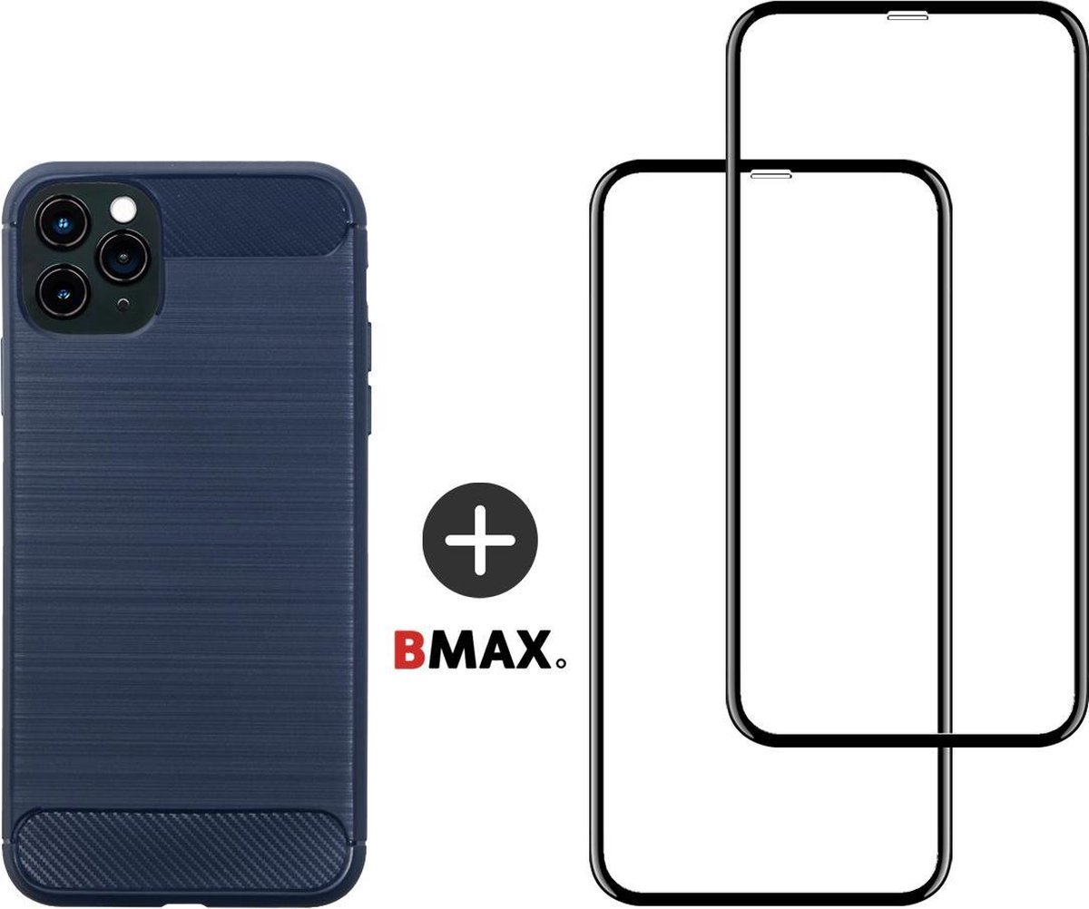 BMAX Telefoonhoesje geschikt voor iPhone 11 Pro Max - Carbon softcase hoesje blauw - Met 2 screenprotectors full cover