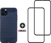 BMAX Telefoonhoesje voor iPhone 11 Pro Max - Carbon softcase hoesje blauw - Met 2 screenprotectors full cover