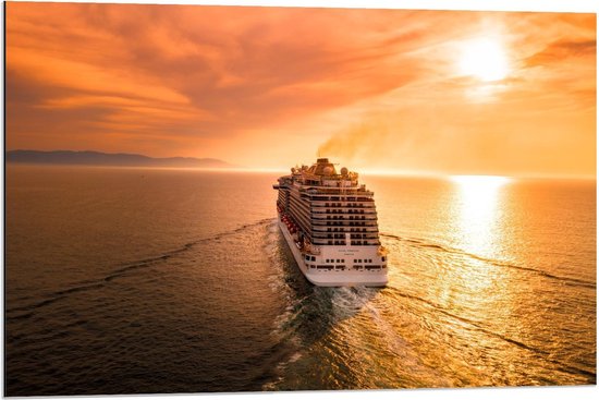 Dibond - Wegvarend Cruisesschip met Zon - 90x60cm Foto op Aluminium (Met Ophangsysteem)