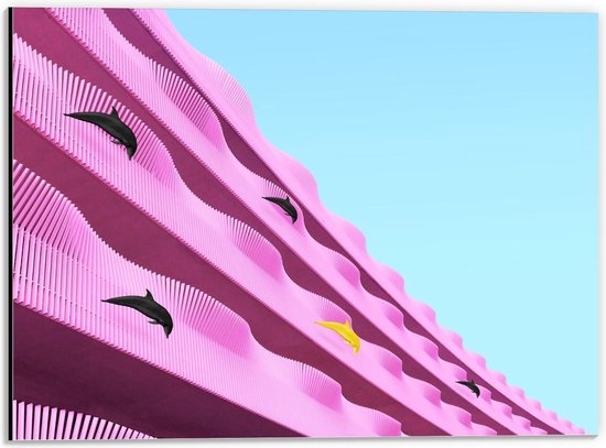 Dibond - Roze Golven met Zwarte Dolfijnen - 40x30cm Foto op Aluminium (Met Ophangsysteem)