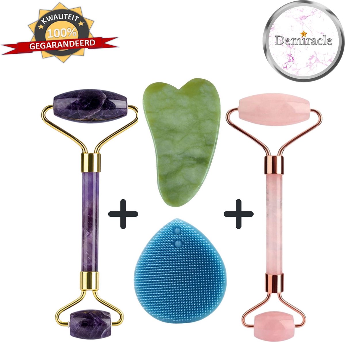 Demiracle Amethist en Rose Quartz Face Roller met Gua Sha Jade schraper en Blauwe Gezichtsreinigingsborstel – Gezichtsmassage – Massagetools – Massage - Ontspanning – Kwaliteit