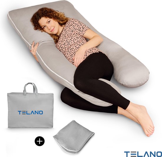 Product: Telano Zwangerschapskussen 100% Katoen XXL | Extra Hoes en Opbergtas | 100% Katoenen Hoes | 2500 Gram Vulling| Voedingskussen | U Vorm | Extra Groot | Zijslaapkussen | Grijs, van het merk Telano