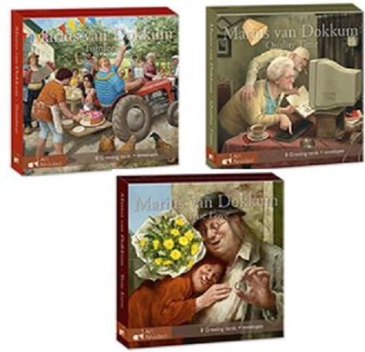 Marius van Dokkum. Set van 3 kaartenmapjes met dubbele wenskaarten True love - Quality time - Tuinfeest ( totaal 24 kaarten)