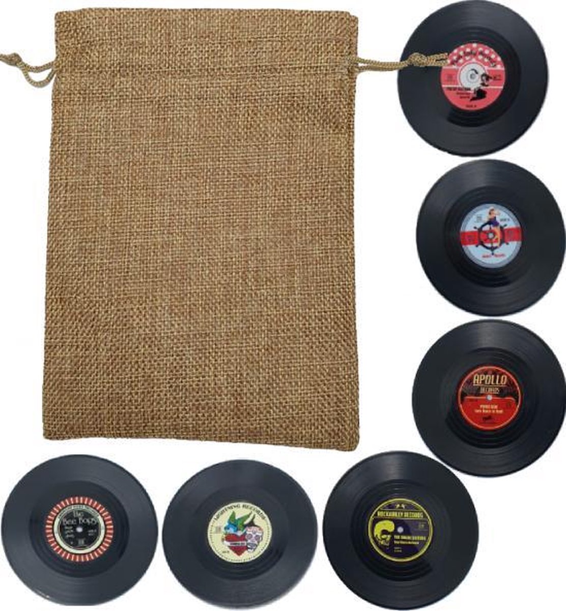 Retro Rockabilly LP Vinyl Onderzetters - 6 stuks - Met Beige Opbergzakje - oDaani