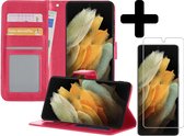 Samsung S21 Ultra Hoesje Book Case Met Screenprotector - Samsung Galaxy S21 Ultra Case Hoesje Wallet Cover Met Screenprotector - Donker Roze