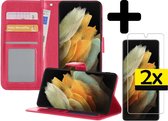 Samsung S21 Ultra Hoesje Book Case Met 2x Screenprotector - Samsung Galaxy S21 Ultra Case Wallet Hoesje Met 2x Screenprotector - Donker Roze