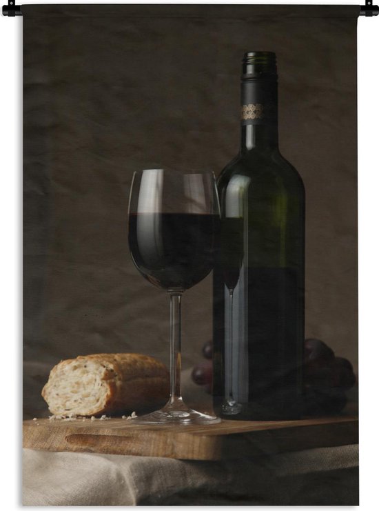 Wandkleed Rode wijn - Rode wijn en brood op een tafel Wandkleed katoen 90x135 cm - Wandtapijt met foto