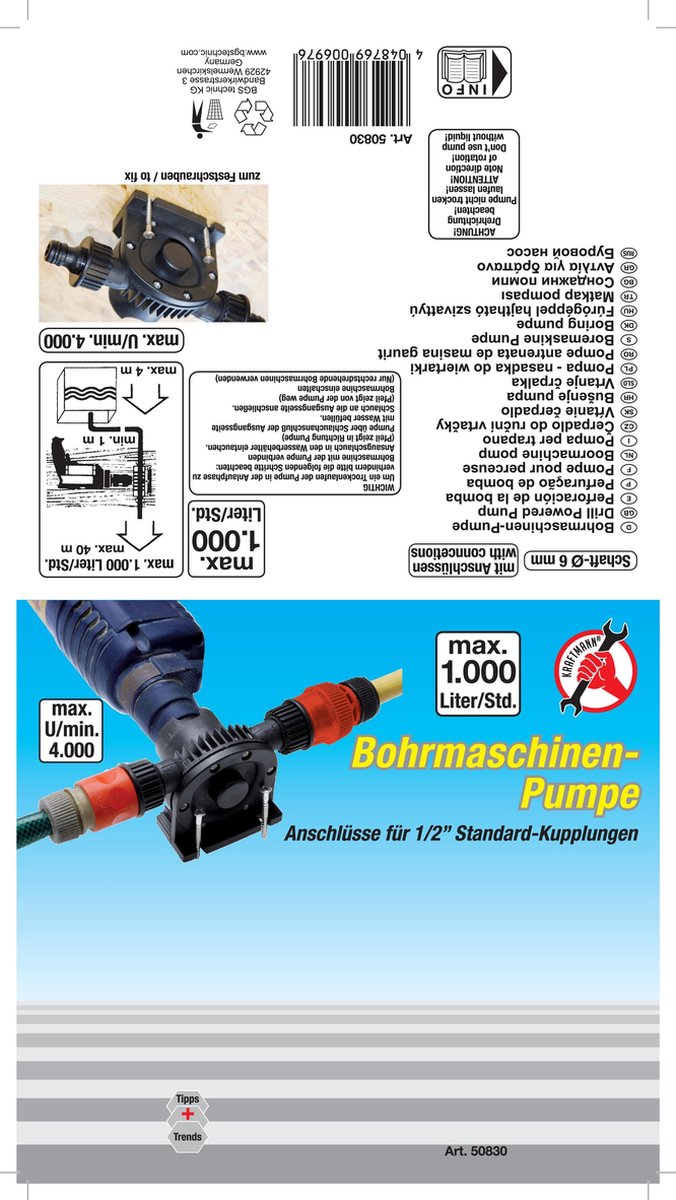 Water boorpomp 1000 L/uur | Huis - Tuin - Boot Pomp voor (Accu)boormachine thumbnail 2