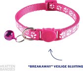 Kattenhalsband | Halsband voor Kat met belletje | Kattenhalsbandje met veiligheidssluiting en belletje pootjes print roze