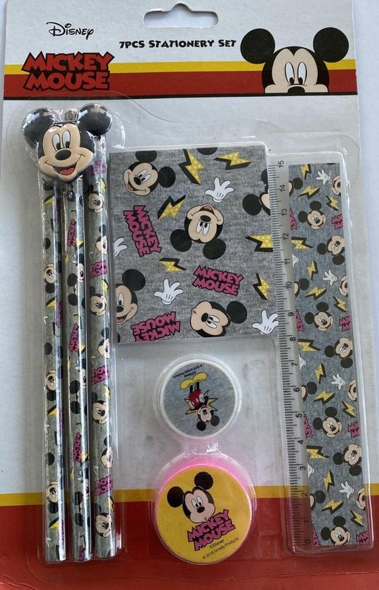 Mickey Mouse Schrijfset 3 x Potlood - Notitieboekje - Puntenslijper - Liniaal - Gum