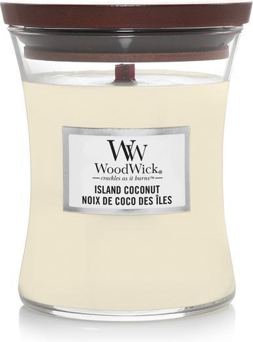 WoodWick Hourglass Medium Geurkaars - Island Coconut - 60 branduren Wit