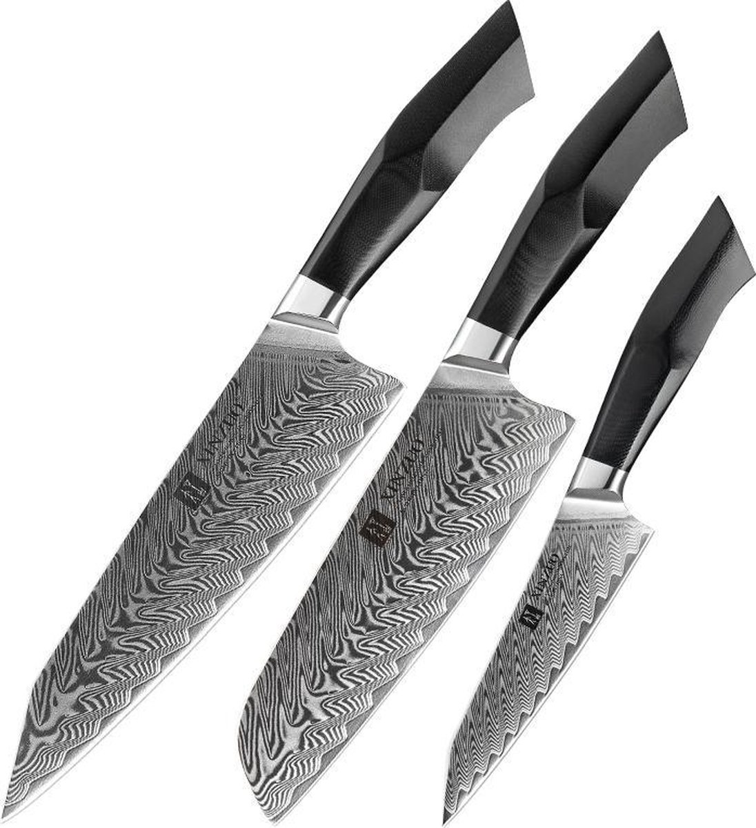 Luxe en Professionele 3-delige Keukenmessen-set van Damascus Staal (67 lagen VG10) | Xinzuo B32 | Vlijmscherpe Damascus Stalen Lemmeten | G10 Handvaten met klinknagel mozaĂŻek | Koksmes + Santokumes + Groentemes