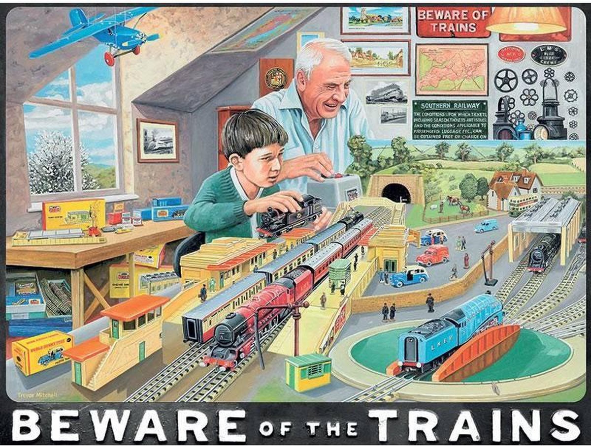 Retroborden.nl Wandbord Beware Of The Trains Model trein bouw jongen met opa