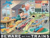 Wandbord - Beware Of The Trains - Model trein bouw jongen met opa
