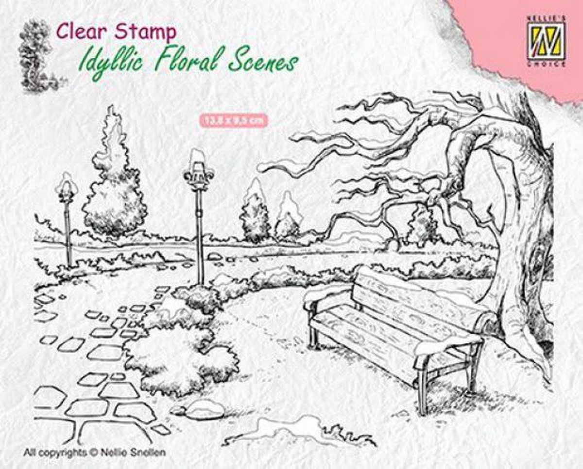 IFS016 Idyllic Floral Scene Clearstamp Nellie Snellen winterlandschap met bankje in park kerstmis sneeuw
