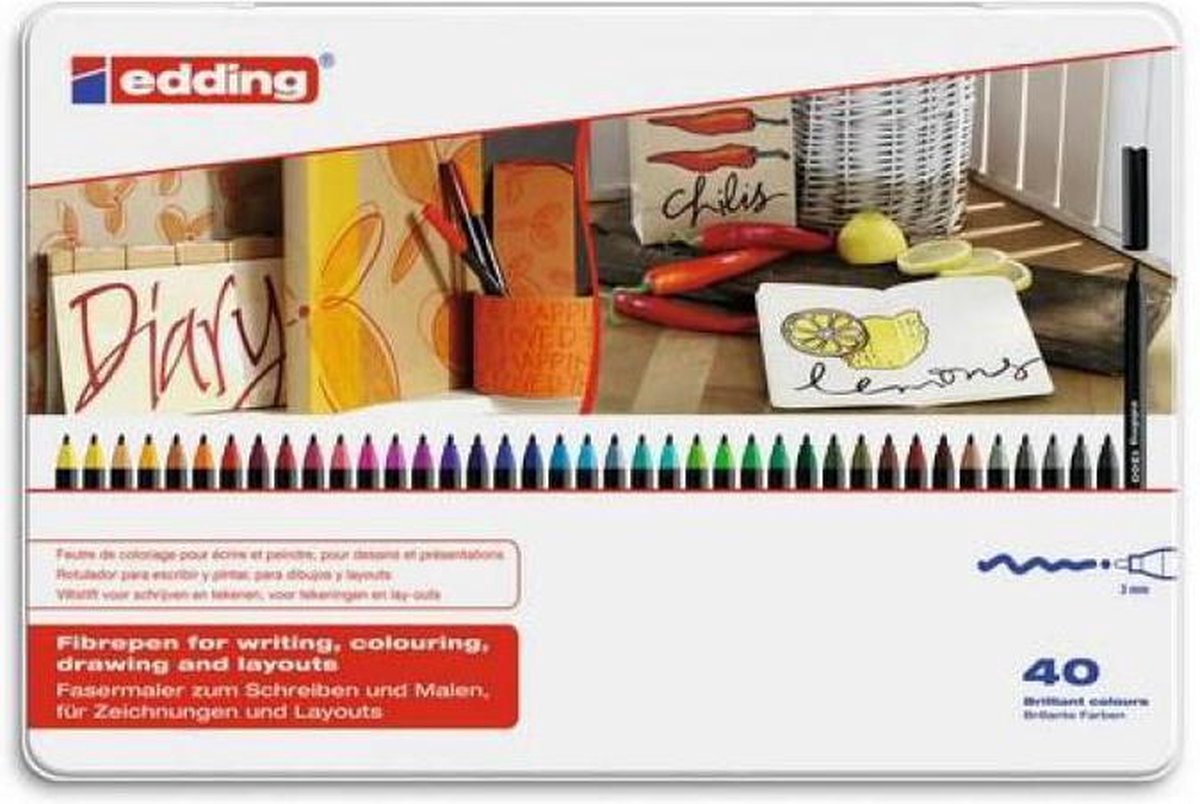 edding 1300/40 S teken-/viltstiften set - 40 stuks in verschillende kleuren - ronde punt 2 mm - prachtig om cadeau te geven - inkt op waterbasis - voor schrijven, schetsen en lay-outs op lichtgekleurd papier — afbeelding 2