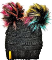 Dames - Meisjes - Ponytail Muts - Zwart met 2 Bont Gekleurde PomPoms - Dare2Dazzle