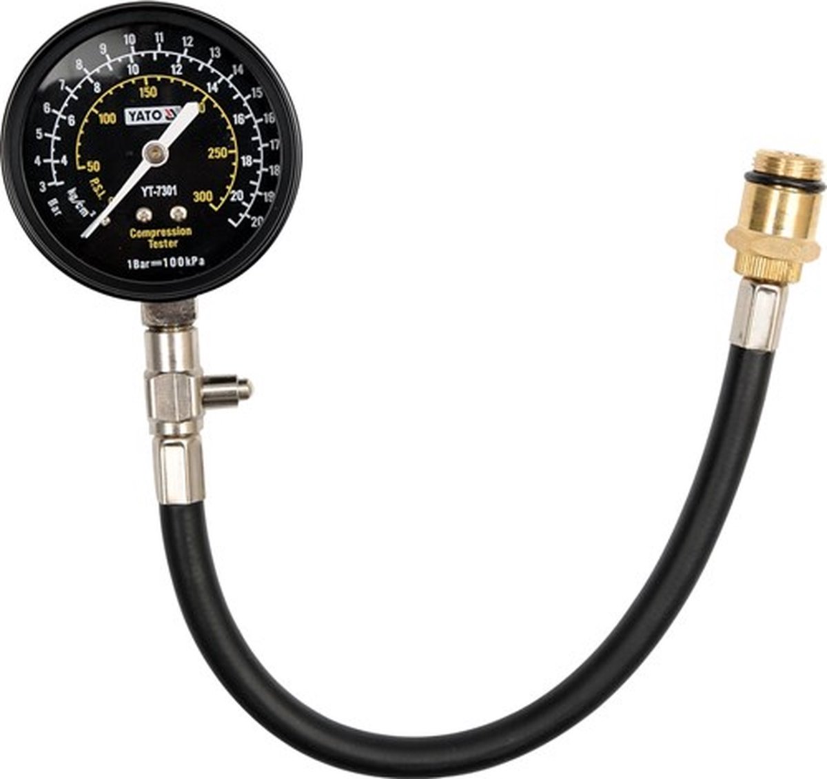YATO YT-7301 Compressietester met Flexibele Slang – Benzine Compressiemeter Set (0 - 21 Bar / 300 PSI) – Met Bougie-Adapters (M14 & M18)