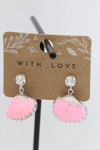 oorsteker met kristal en schelp roze zilverkleurig - Sieraden sjoppie