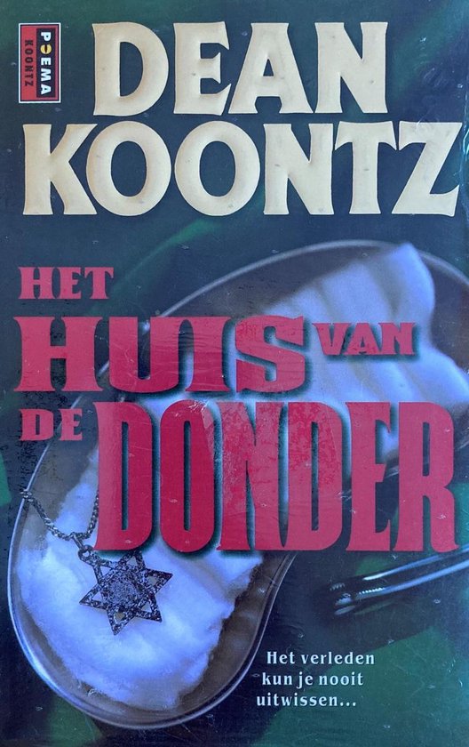 Boek "Huis Van De Donder" van Dean Koontz. De cover toont een Davidster aan een ketting boven witte watten.